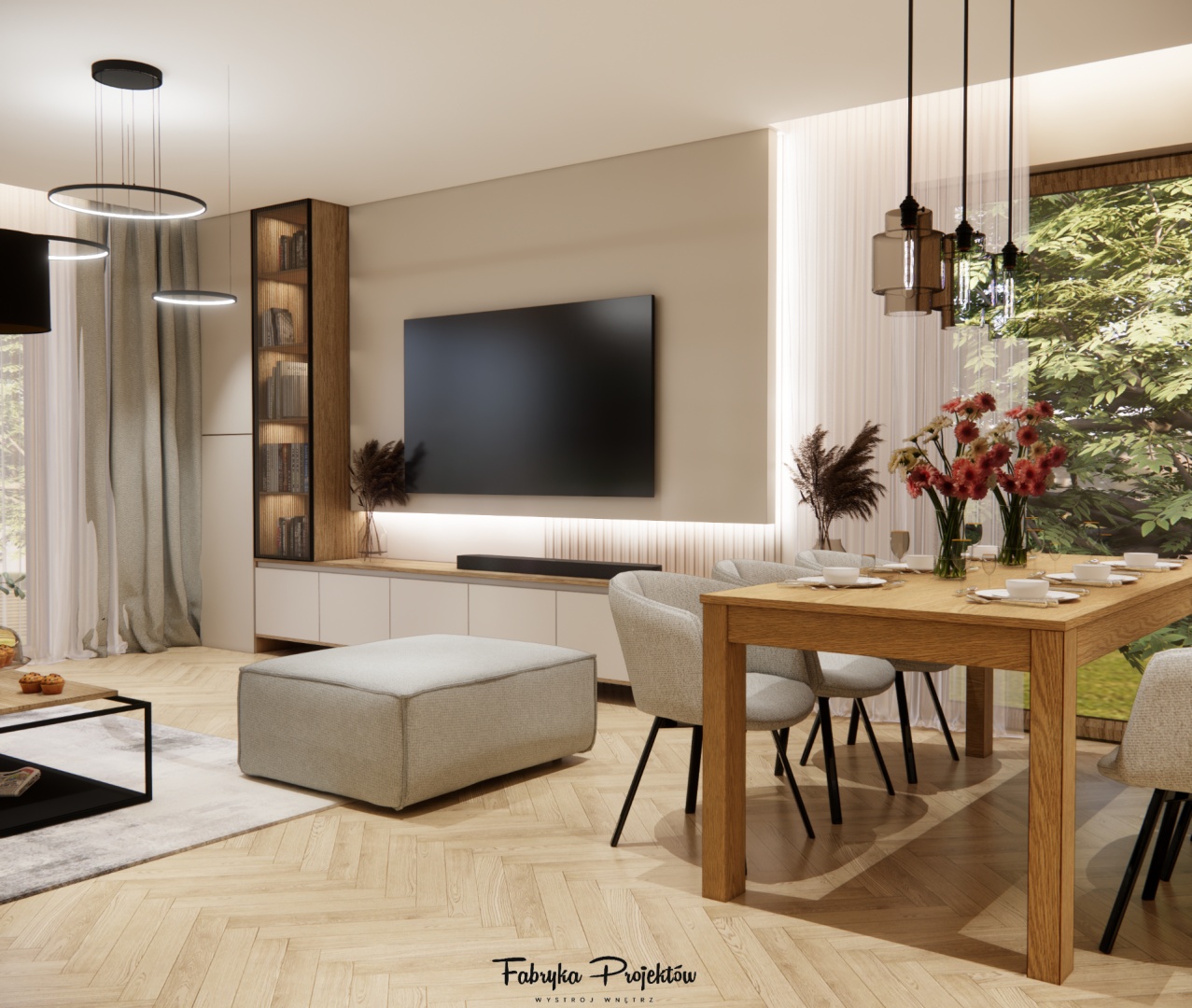 Jasne wnętrze salonu z otwartą kuchnią i jadalnią. Drewniany stół, nowoczesne oświetlenie i miękka, narożna sofa tworzą przytulną przestrzeń dzienną. Jasne kolory i drewno ocieplają całość.