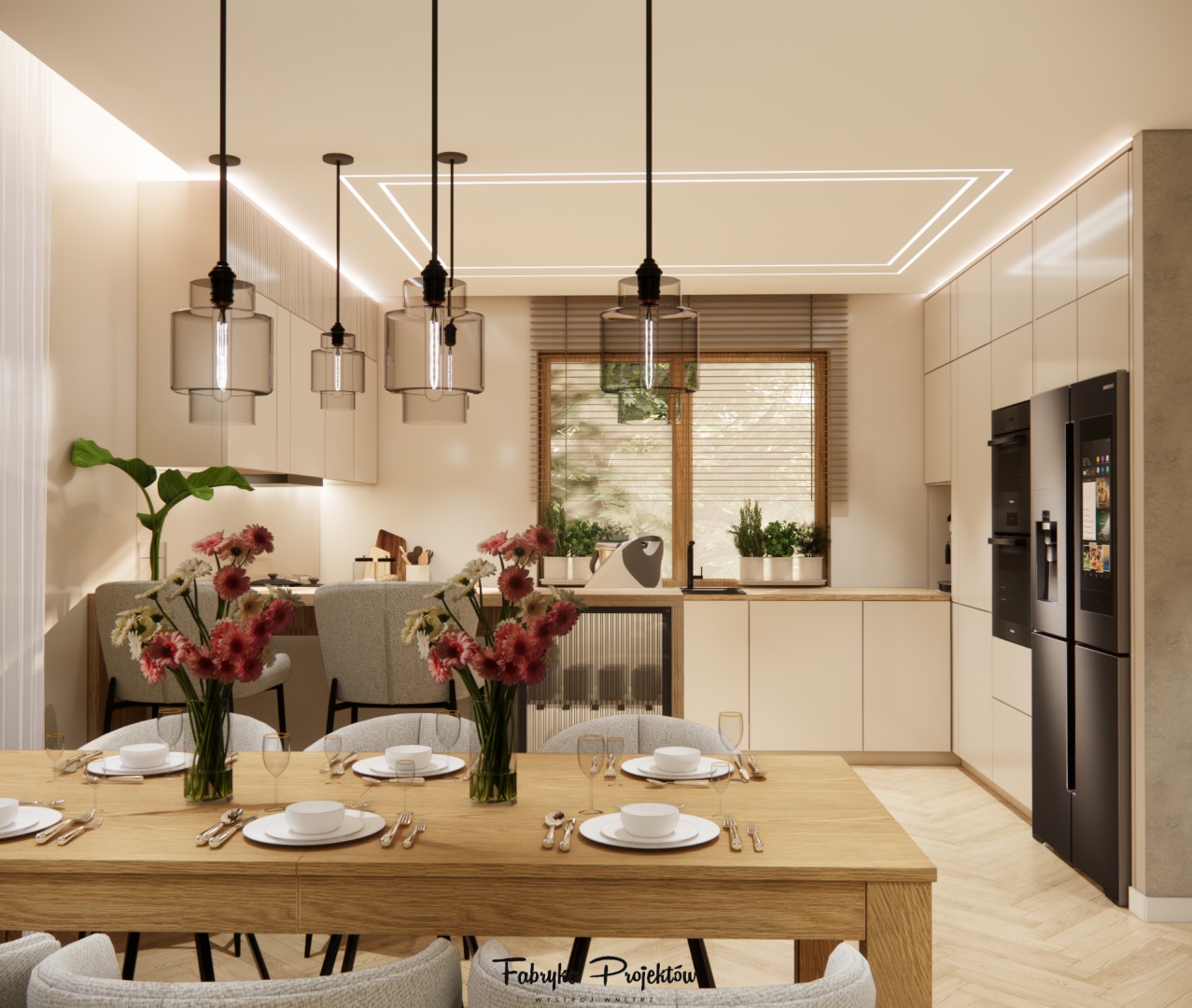 Widok na kuchnię z dużym oknem i nowoczesną zabudową – część otwartej strefy dziennej w domu 