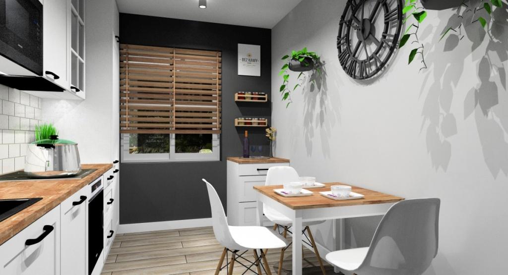 Kuchnia, skandynawska, stół drewniany, krzesła skandynawskie białe, zegar skandynawski, podłoga płytki drewnopodobne, roleta drewniana w oknie