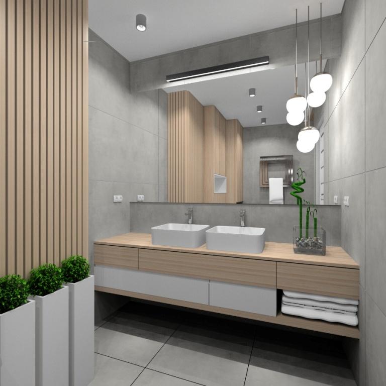 Łazienka, mała łazienka, styl skandynawski, duże lustro nad umywalkami, szafka biała z drewnem, jasne wnętrze z szarymi płytkami ceramicznymi