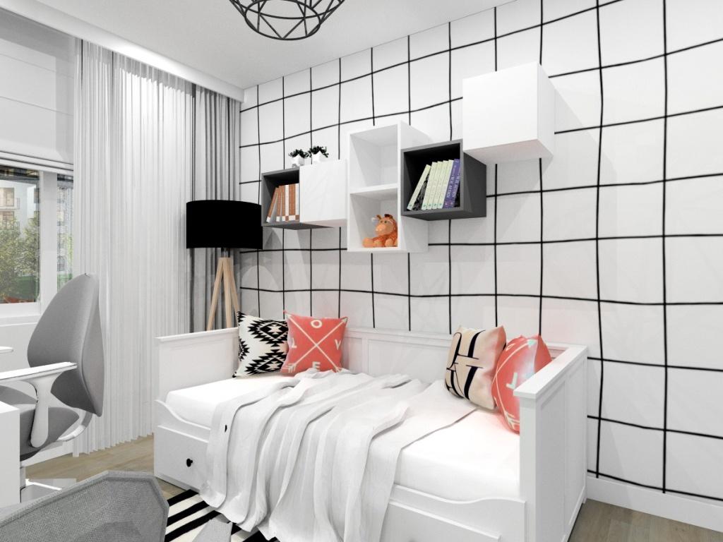 Pokój młodziezowy dla nastolatki, mały pokój, bardzo jasny, łózko białe, biurko małe białe, szafki nad łóżkiem, poduszki dekoracyjne na łózku, dywan czarny z białym
