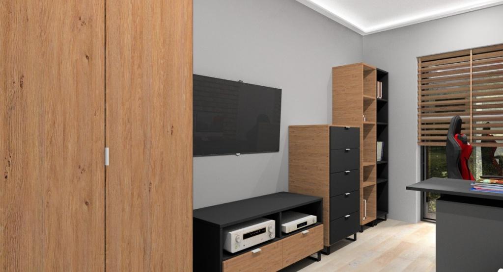 Pokój młodziezowy w stylu industrialnym, komoda, szafa, regał na książki, szafka rtv w kolorze drewnianym i czarnym, jasna podłoga 