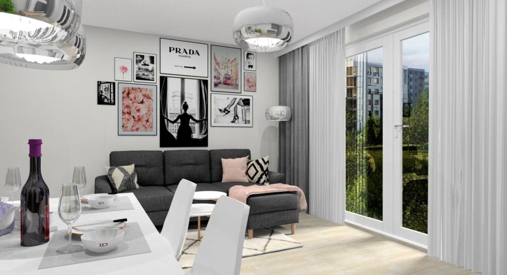 Salon średni w stylu skandynawskim, jasne wnętrze, plakaty skandynawskie na sofa narożną