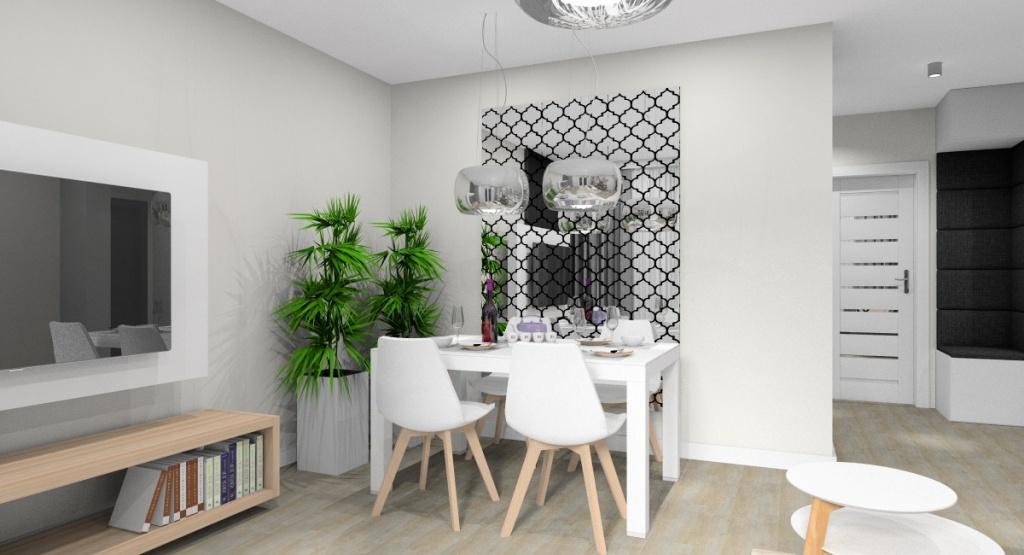 Salon, widok na ścianę ze stołem białym, krzesła białe, lustro koniczynka na ścianie