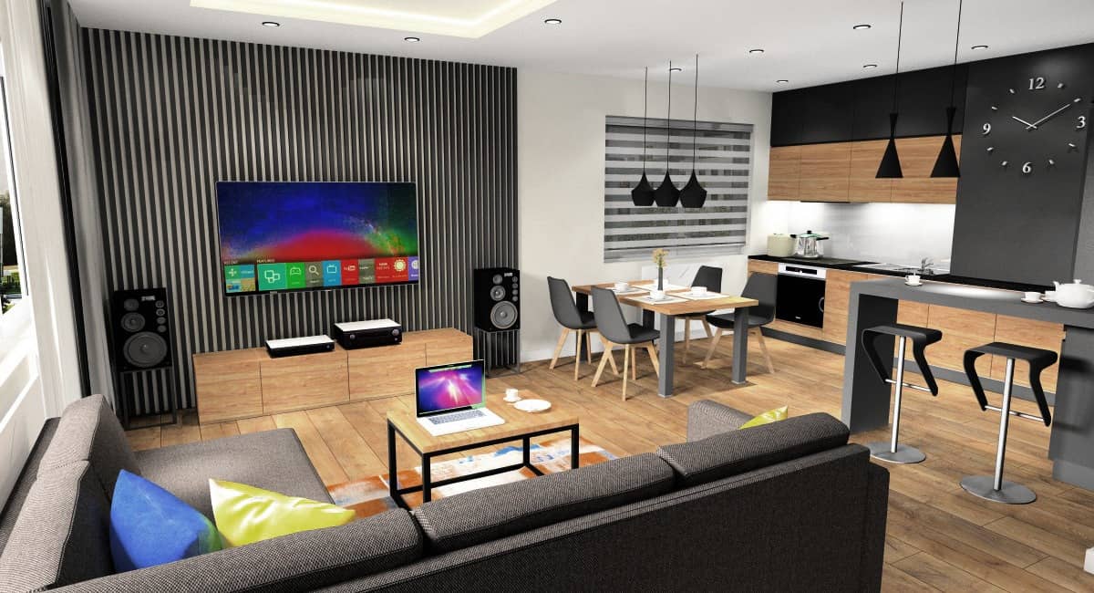 Salon z aneksem kuchennym, pomysł na aranżacje wnętrza, projekt w stylu nowoczesnym, czarne panele na ścianie, czarne lamy, meble kuchenne czarne, drewno
