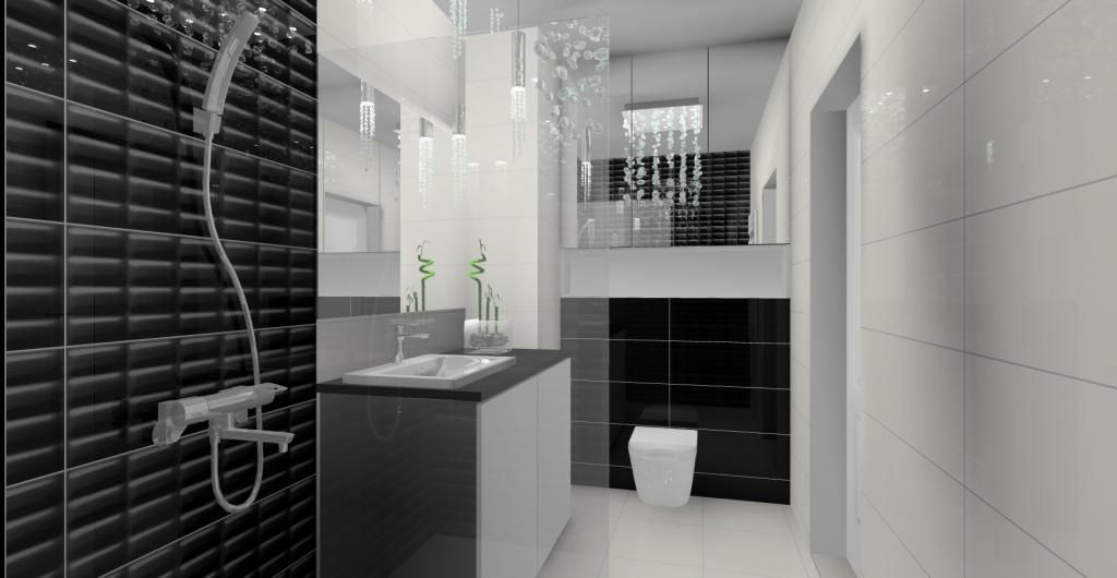 łazienka urządzona w stylu glamour ,białe płytki, czarne płytki, żyrandol glamour, zabudowa geberitu, duże lustro w małej łazience, prysznic