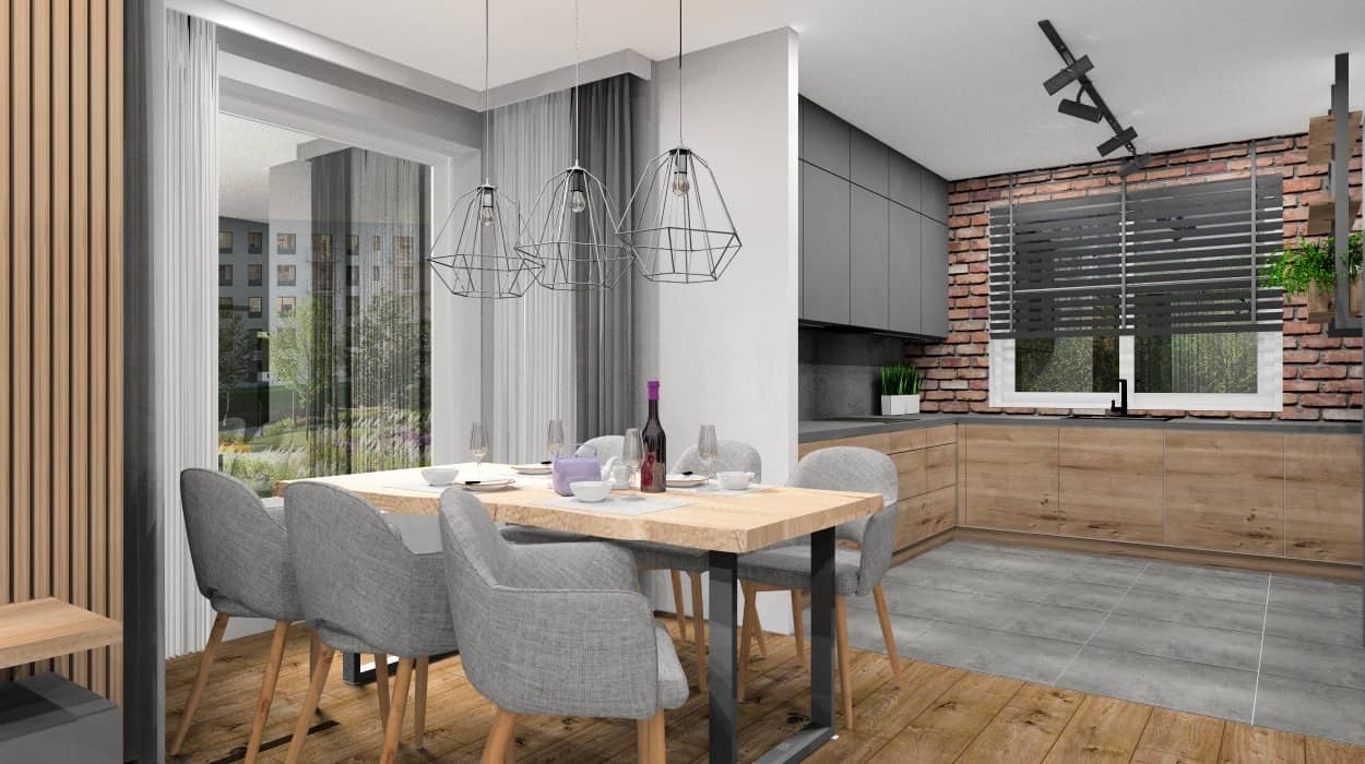 Projekt kuchni z cegłą na ścianie, cegła nad blatem kuchennym