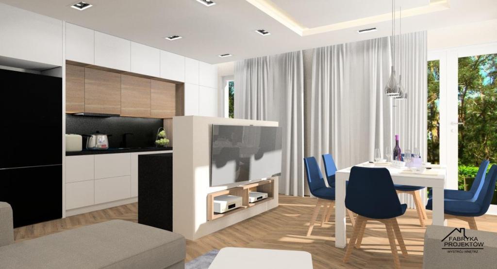 Salon z aneksem, hol i łazienka: projekt wnętrza, styl nowoczesny - Gliwice, ściany w kolorze beżowym, granatowe krzesła
