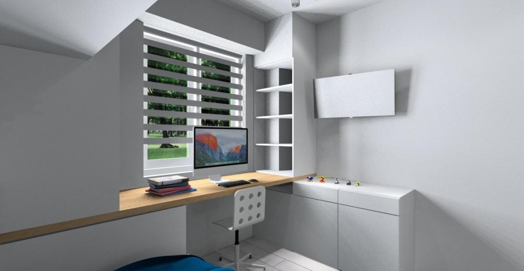 Aranżacja pokoju dla chłopca, projekt wnętrza w kolorze biały, szary, niebieski, żółty, widok na biurko pod oknem i telewizor na ścianie