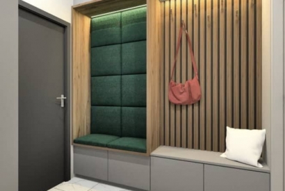 Projekt przedpokoju. Przedpok&oacute;j z siedziskiem, szafą, lustrem, aranżacja ścian