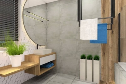 Łazienka 10m2. Projekt łazienki z wanną, pralką, okrągłym lustrem