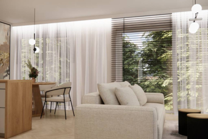 Nowoczesny i przytulny salon z aneksem kuchennym i holem 40 m2