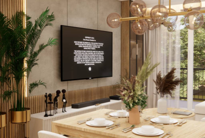 Nowoczesna aranżacja salonu z kuchnią i holem &ndash; 40 m2 pełne harmonii