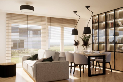 Nowoczesny salon z kuchnią i holem &ndash; sp&oacute;jna przestrzeń w naturalnych barwach