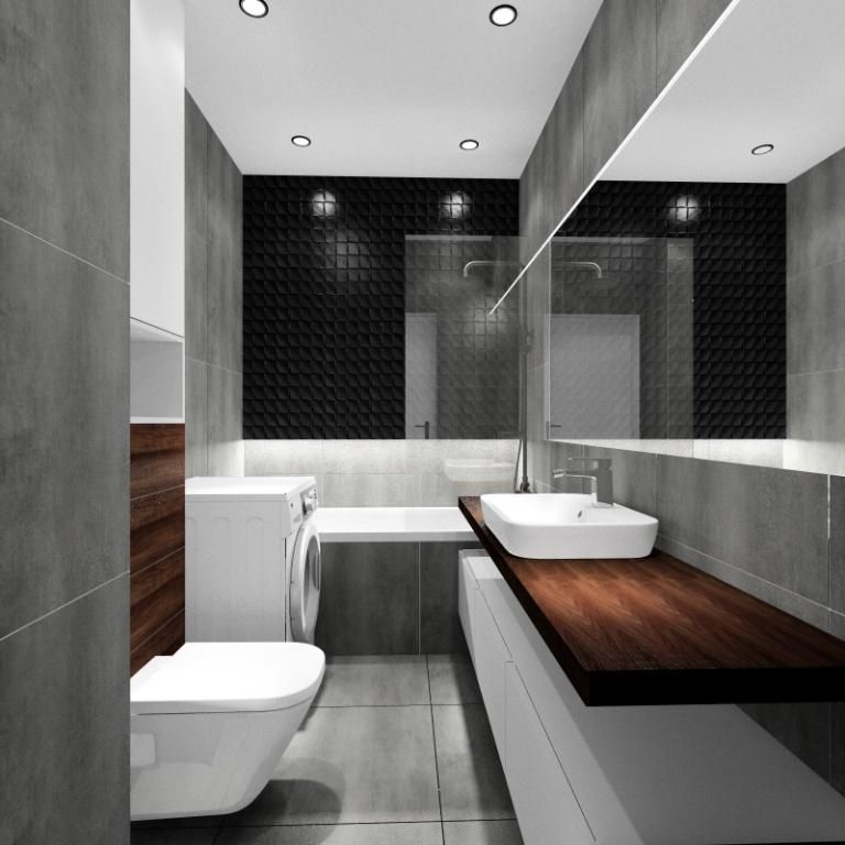 Łazienka nowoczesna w kolorach czarny biały i drewno
